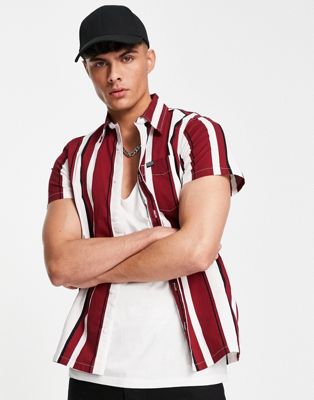 Hollister slim fit bold stripe short sleeve shirt in red