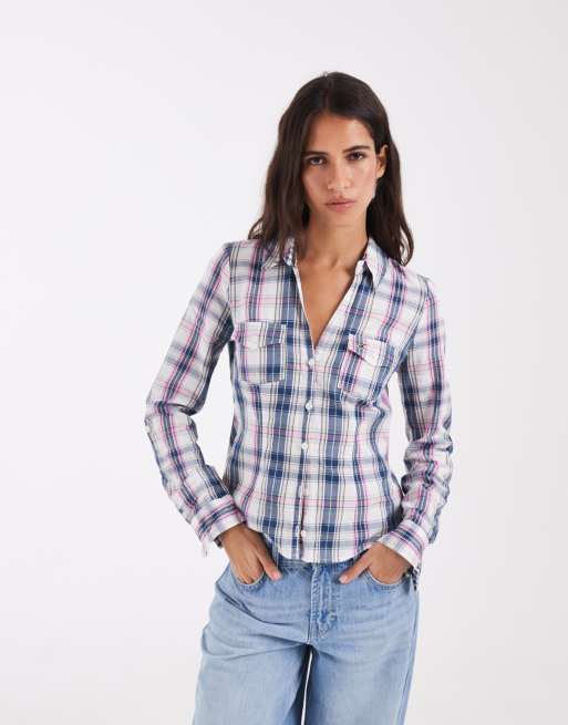 Hollister slim fit con scollo a V in flanella a quadri rosa e blu, 1 di 4