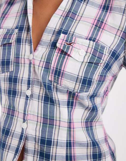 Hollister slim fit con scollo a V in flanella a quadri rosa e blu, 2 di 4