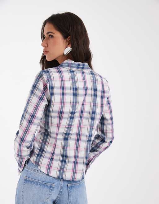 Hollister slim fit con scollo a V in flanella a quadri rosa e blu, 4 di 4