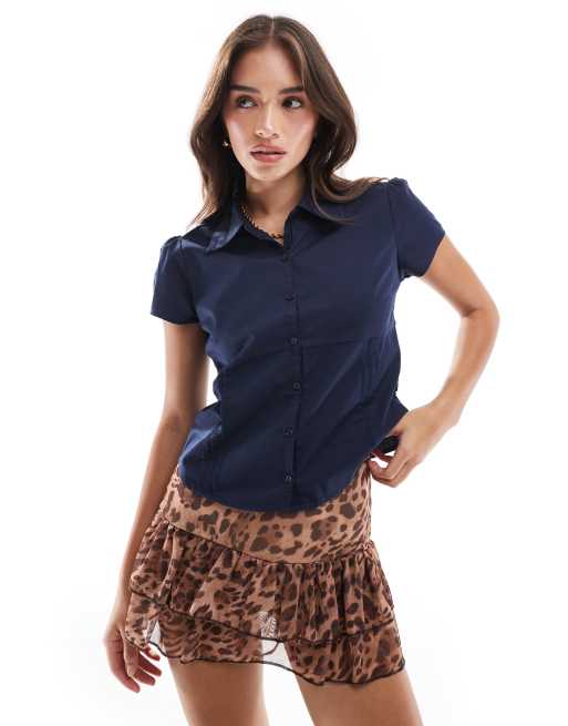 Hollister - Slim-fit overhemd met korte mouwen in marineblauw
