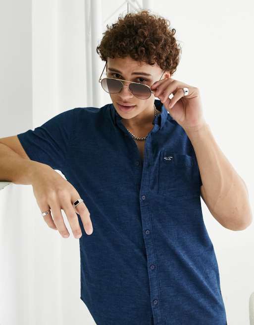 Hollister Slim fit Oxford overhemd met korte mouwen en iconisch logo in marineblauw
