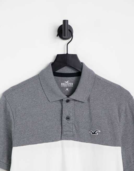 Hollister slim fit polo in gray white black chest block with logo