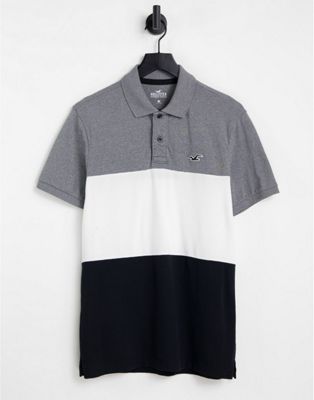 Hollister slim fit polo in grey/white/black chest block with logo