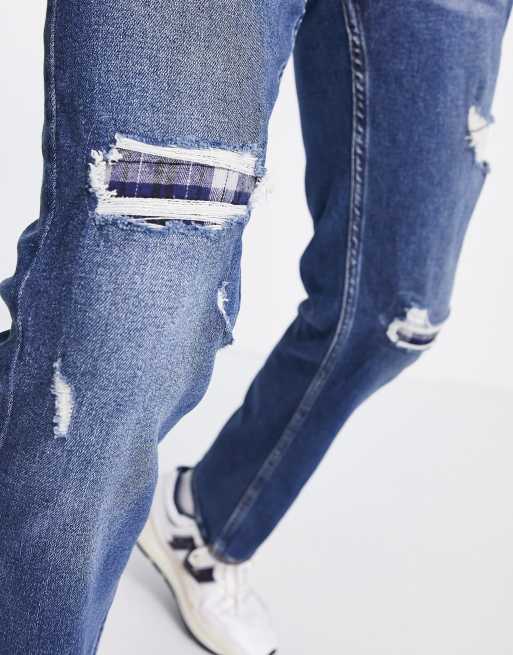 Hollister slim straight fit distressed flannel repair jeans in dark wash
