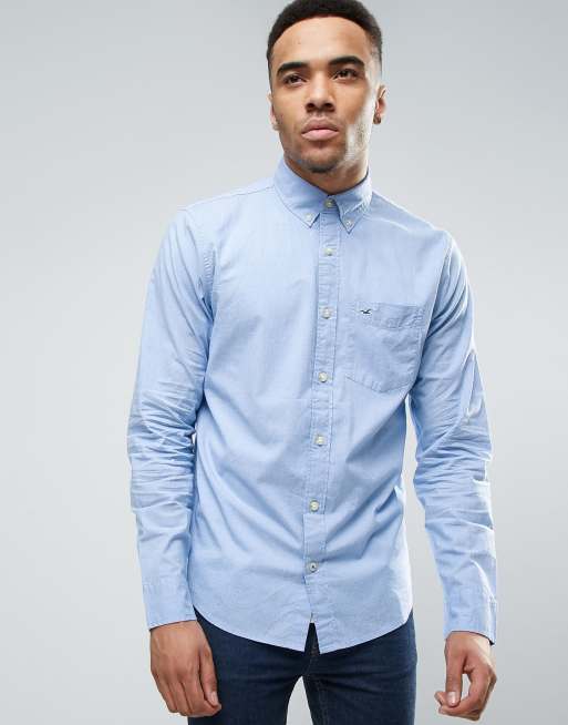Hollister Slim Stretch Poplin Shirt Buttondown Seagull Logo in Blue