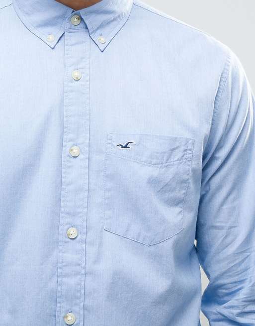Hollister Slim Stretch Poplin Shirt Buttondown Seagull Logo in Blue