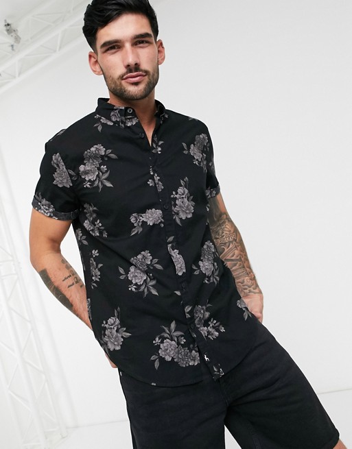 Hollister slim tonal black floral short sleeve shirt in black