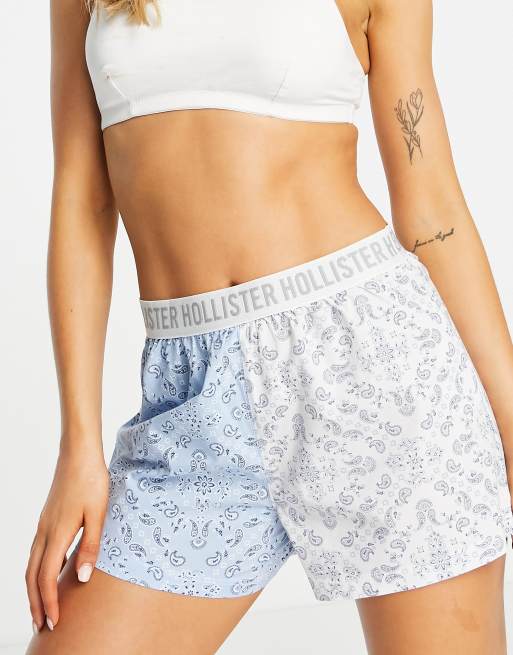 Hollister slit print poplin sleep shorts in blue and white