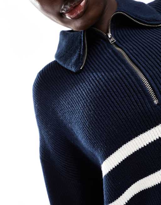 Hollister slouchy half zip striped jumper in navy