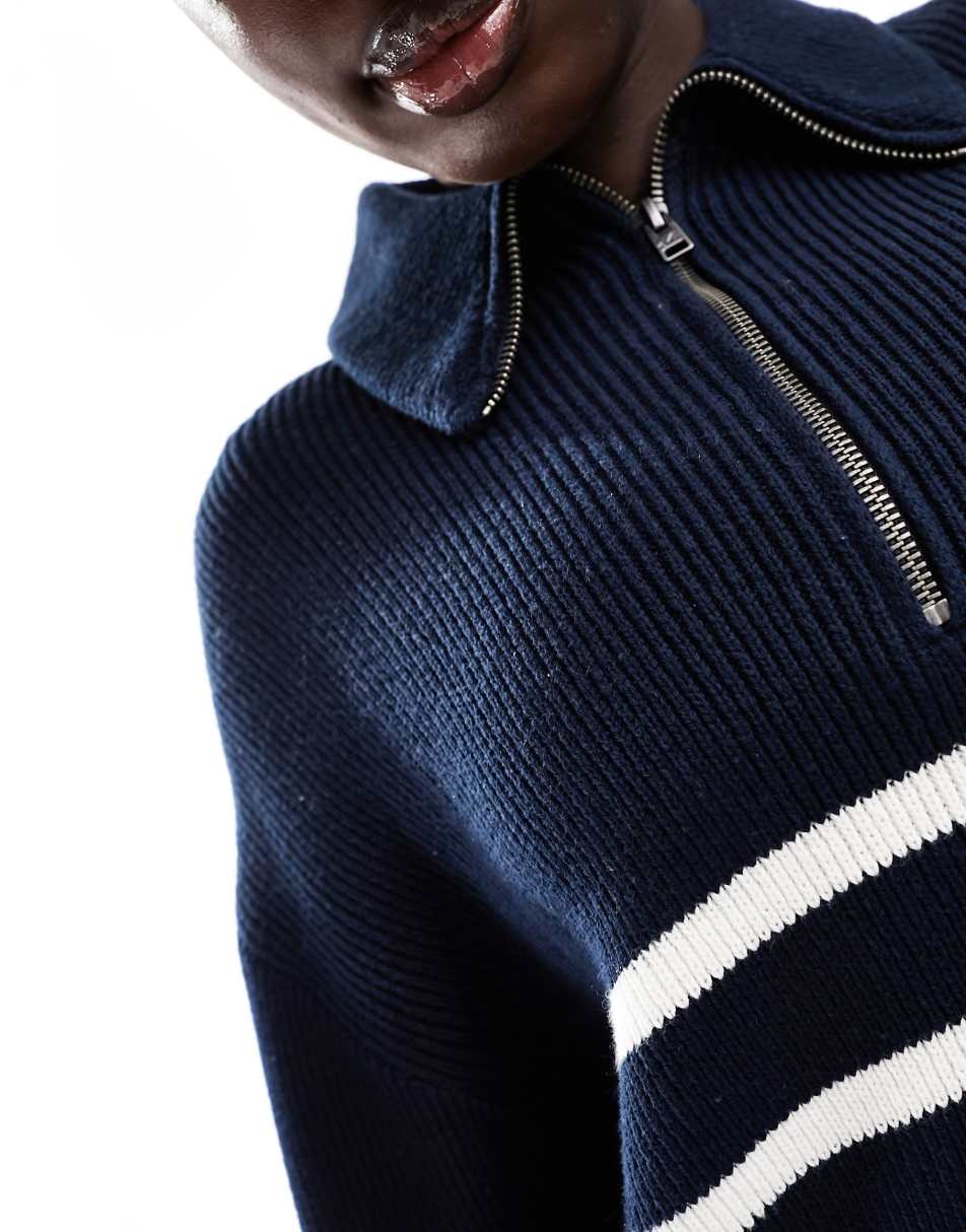 Hollister slouchy half zip striped jumper in navy 1