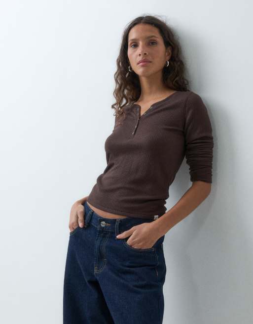 Hollister slouchy long sleeve waffle henley in brown, 1 of 5