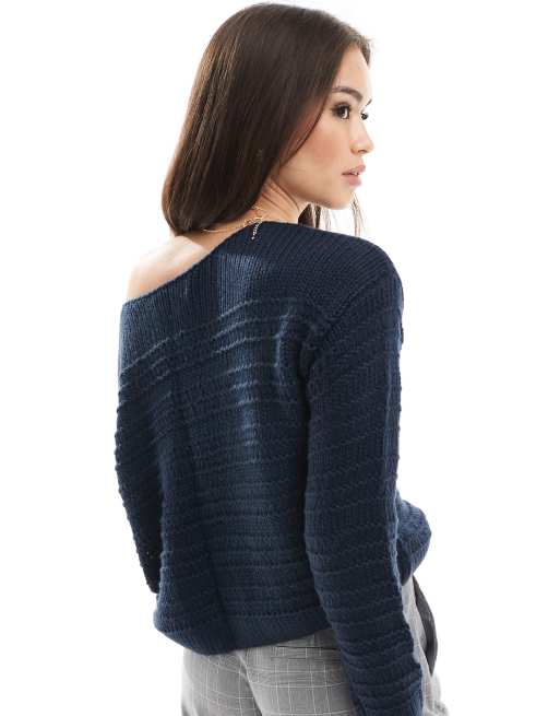 Hollister slouchy off shoulder knit top in navy, 2 of 4