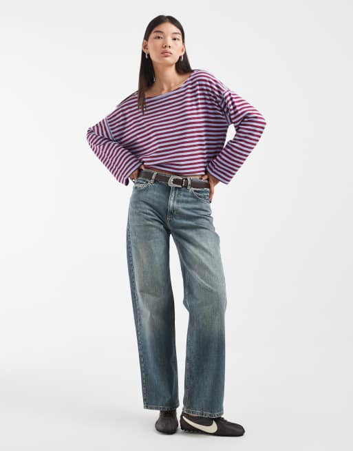 Hollister slouchy off shoulder top in blue and berry stripe, 2 of 4