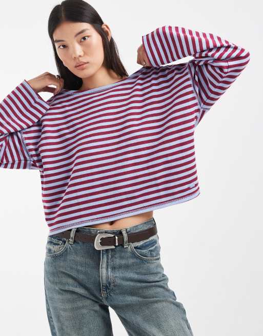 Hollister slouchy off shoulder top in blue and berry stripe, 3 of 4