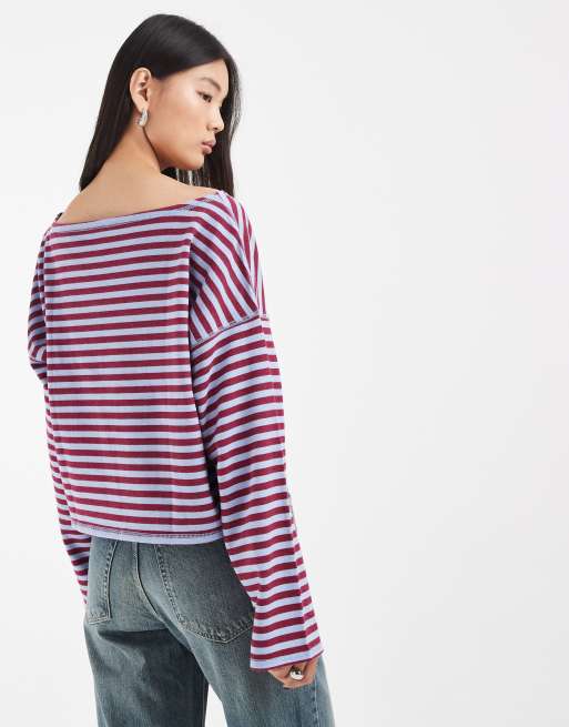 Hollister slouchy off shoulder top in blue and berry stripe, 4 of 4