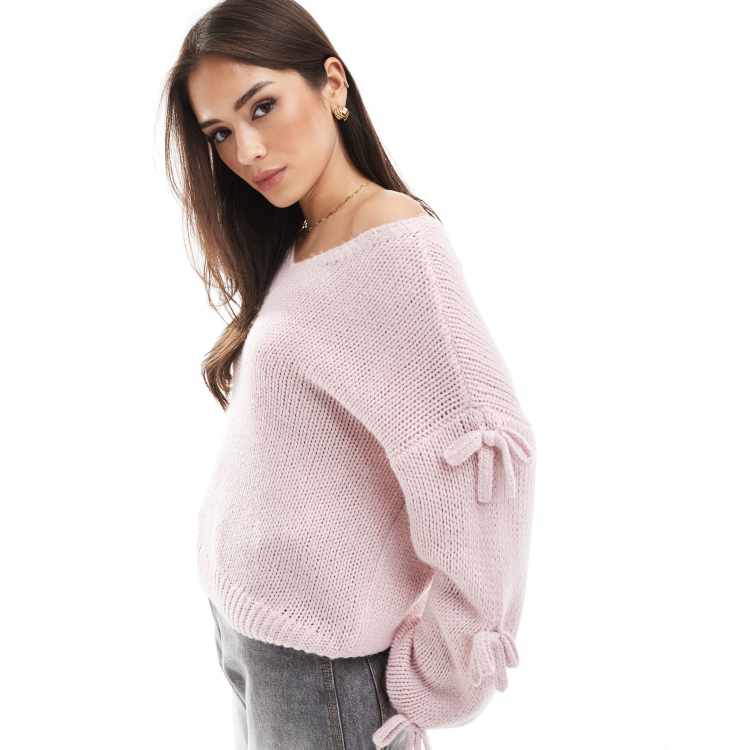 Hollister slouchy off the shoulder applique bow knit sweater in