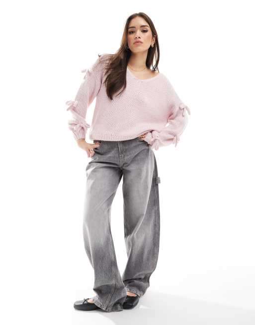 Hollister slouchy off the shoulder applique bow knit sweater in