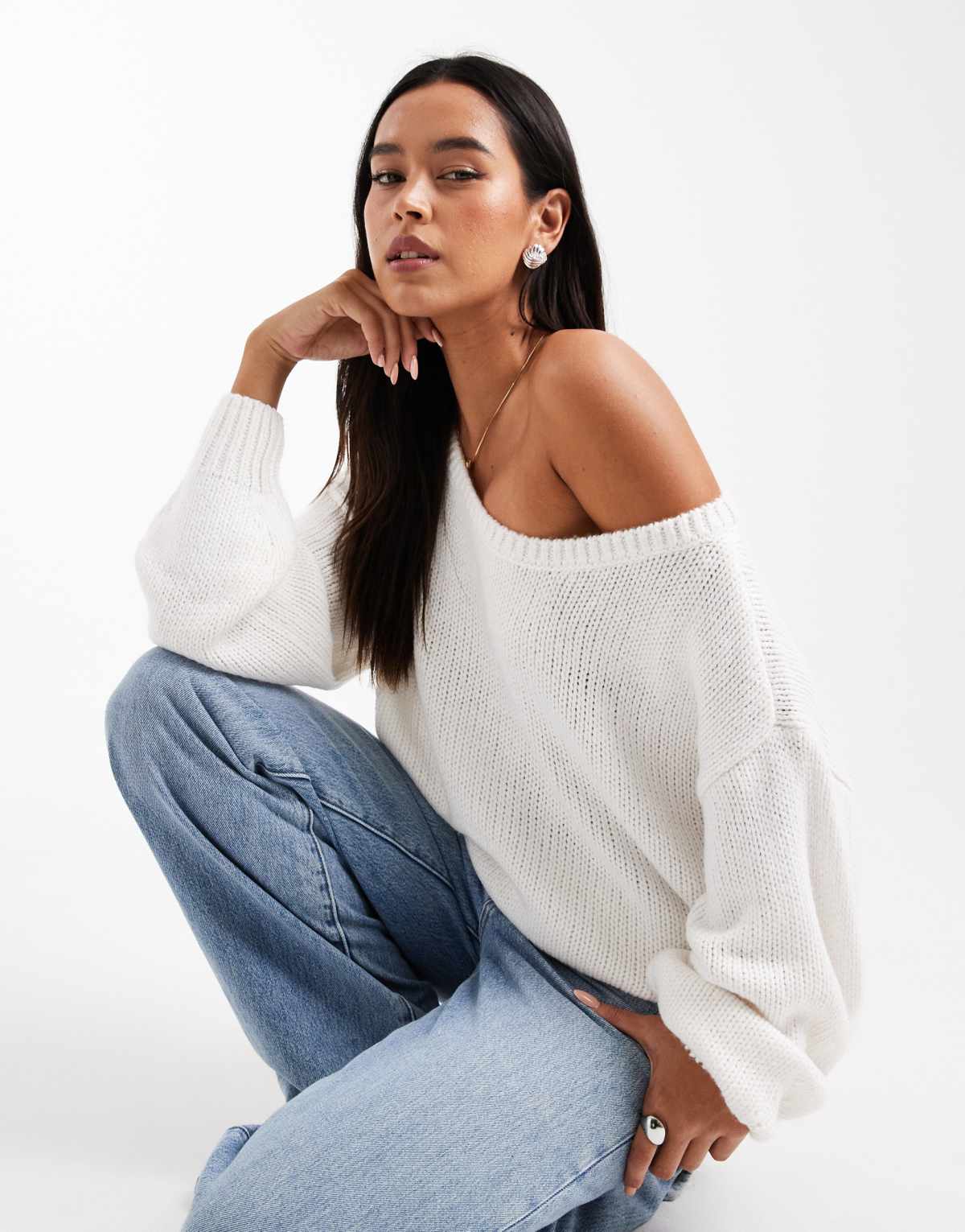 Hollister slouchy off the shoulder jumper in white