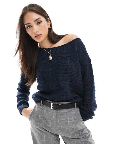 Hollister slouchy off the shoulder knit sweater in navy - view 1