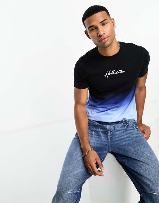 Hollister chest & back logo acid wash longline t-shirt in blue