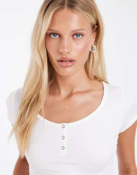 Hollister sømløs T-shirt med V-front og knapper i hvid - view 1
