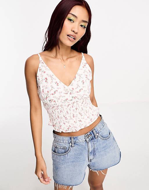 Hollister smocked cami top in white floral print