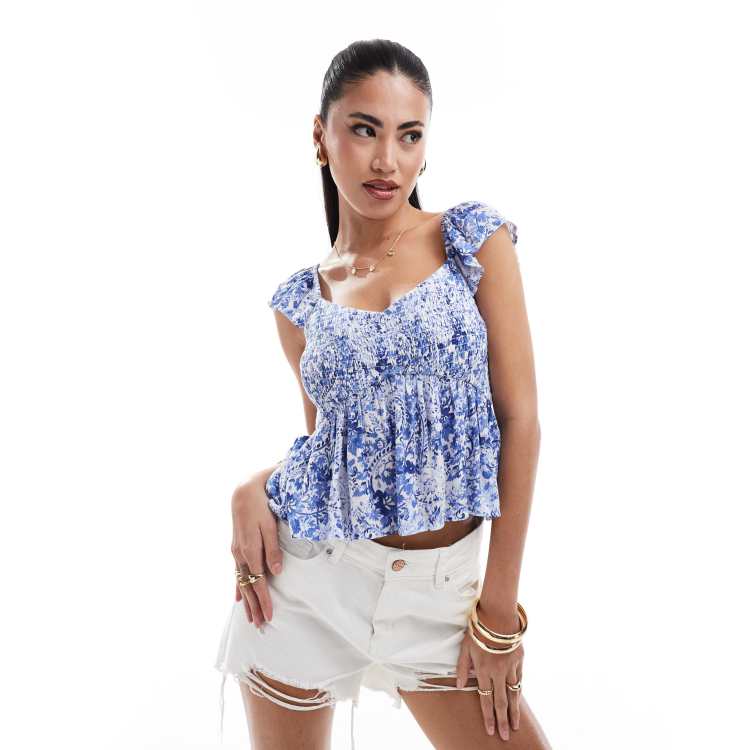 Hollister smocked flutter sleeve top in blue print