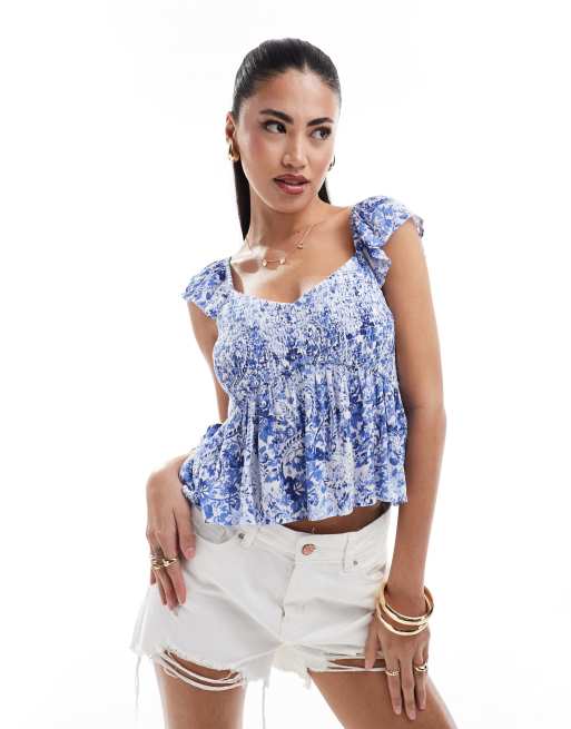 Hollister smocked flutter sleeve top in blue print ClassicfuncenterShops