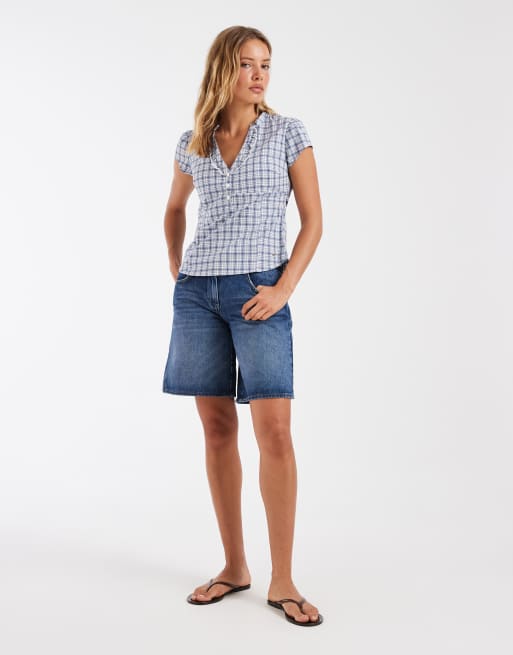 Hollister smocked short sleeve shirt in white plaid, 2 of 4