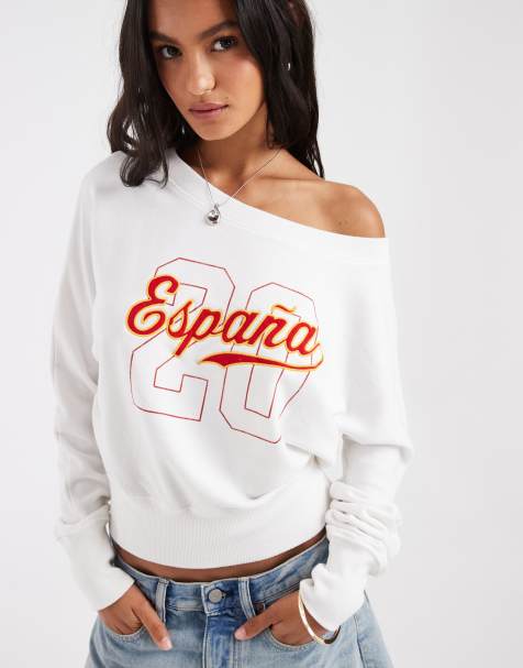 Hollister soccer-inspired Spain print off-the-shoulder sweatshirt in white - view 1