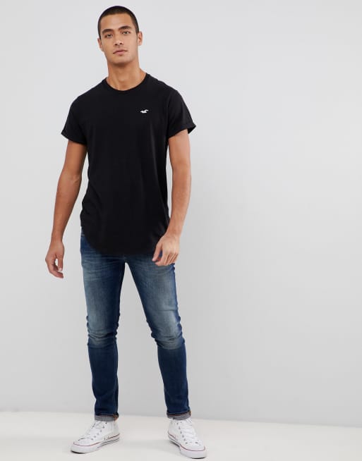 Hollister solid curved hem t-shirt seagull logo slim fit in black, 4 of 4