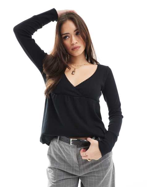 Hollister - Sort langærmet babydoll-top i pointelle-stof - view 1