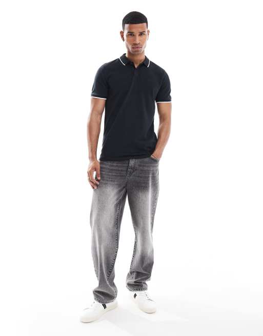 Hollister - Sort polotrøje med kantbånd og logoikon i piqué