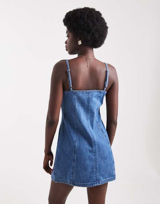 Hollister spaghetti strap a line denim mini dress in mid blue, 3 of 4