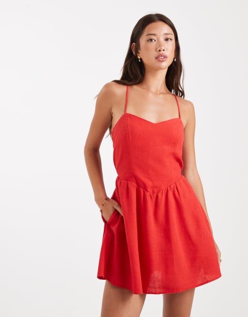 Hollister spaghetti strap drop waist denim dress in red