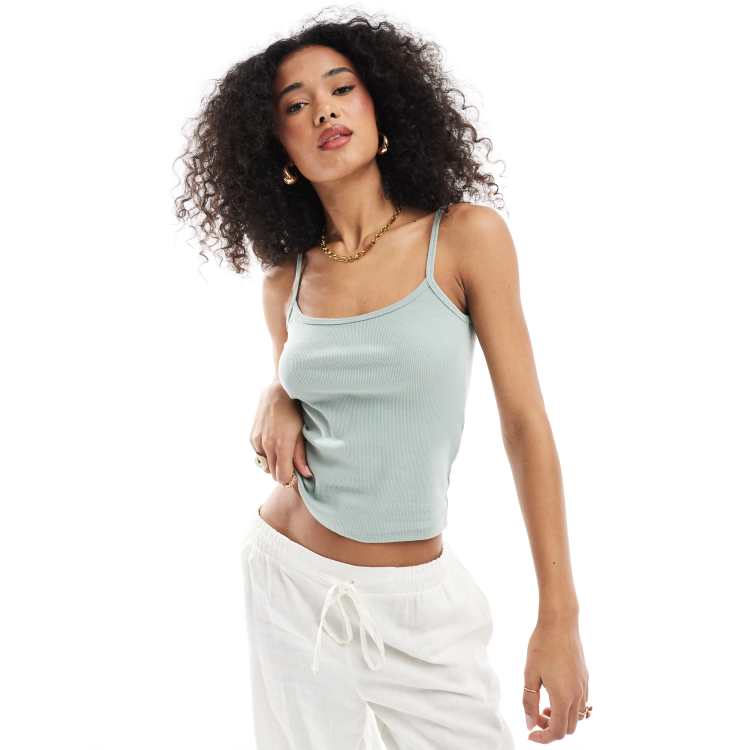 Hollister spaghetti strap ribbed tank top in washed green | ASOS