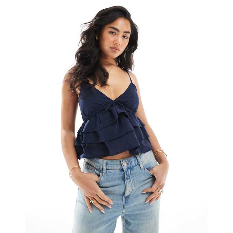 Hollister spaghetti strap V-neck tiered top in navy | ASOS