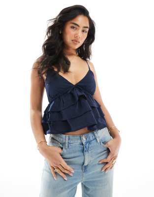 hollister spaghetti strap v-neck tiered top in navy