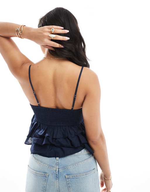 Hollister spaghetti strap V-neck tiered top in navy, 3 of 4