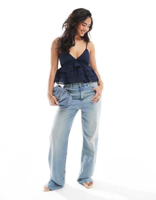 Hollister spaghetti strap V-neck tiered top in navy, 4 of 4