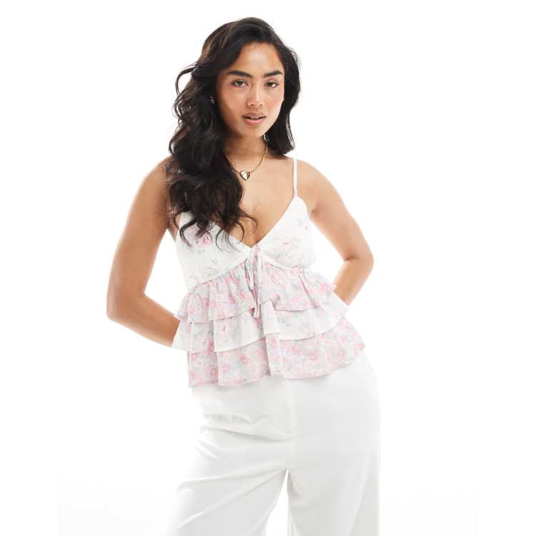 Hollister spaghetti strap V-neck tiered top in vintage pink floral