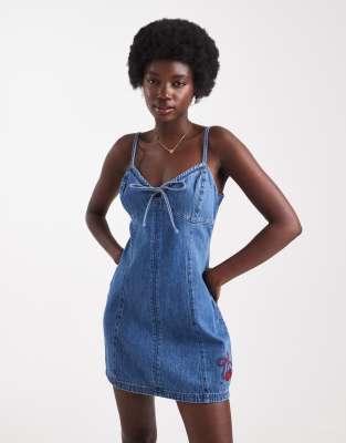spaghetti straps a line denim mini dress in medium blue wash