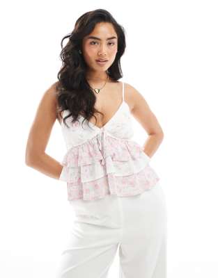 Hollister - Spaghettiträger-Stufentop mit V-Ausschnitt und rosa Vintage-Blumenprint-Rot