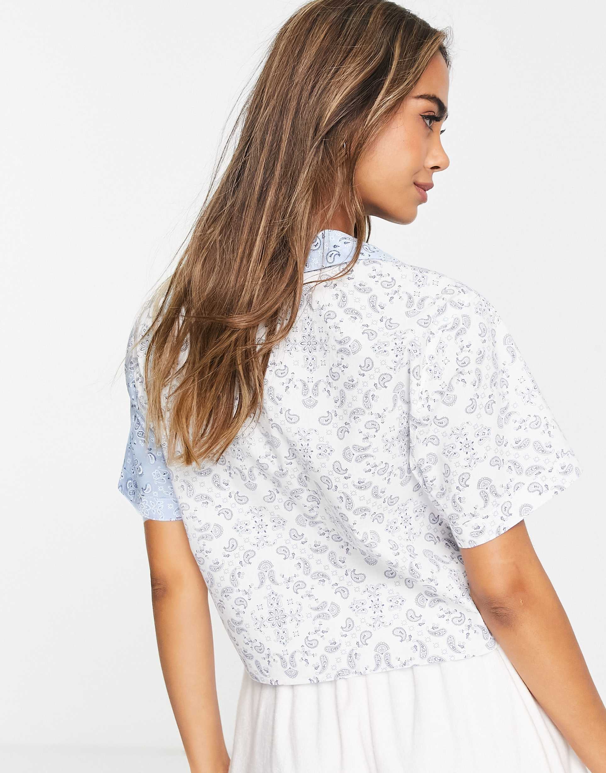 Hollister split print poplin sleep top in blue and white