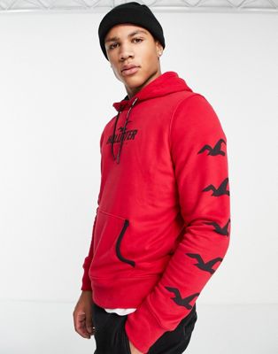 Hollister sport sleeve logo hoodie in red - ASOS Price Checker