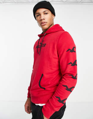 Hollister sport sleeve logo hoodie in red - ASOS Price Checker