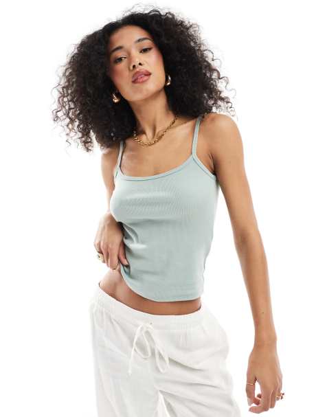 Hollister spaghetti strap ribbed tank top in washed green