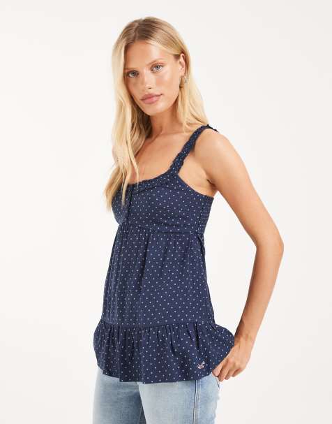 Hollister square neck baby doll top in navy polka dot - view 1