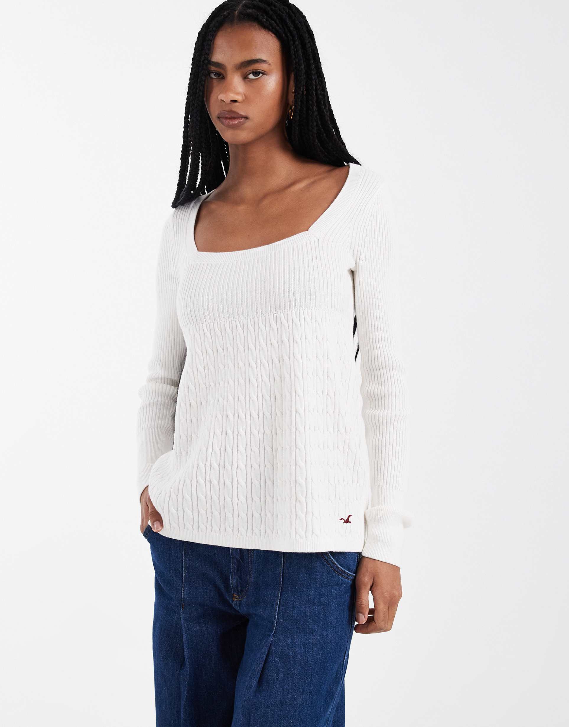 hollister square neck babydoll cable knit sweater in white